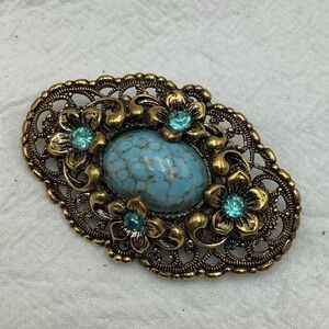 Vintage Czech Glass Brass and Rhinestone Brooch